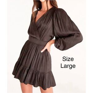 Michael Kors Black V-Neck Long Sleeve Tiered Mini Dress -Large-new